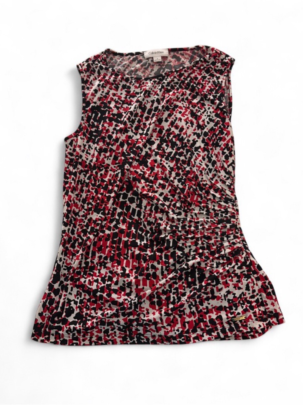 Calvin Klein Blouse Red/White/Black Pattern Sleeveless Top w Ruching on One Side